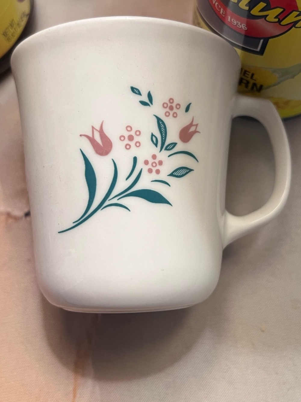 Vintage Corning Rosemarie White Mugs with Pink Floral and Teal Leaf Design